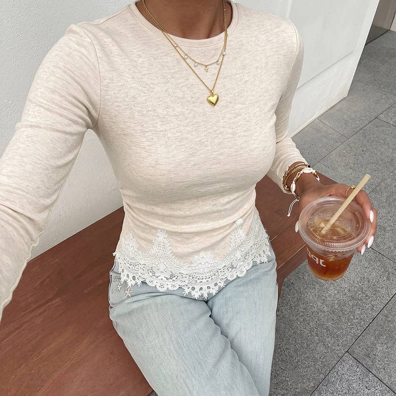 Lace Hem Ruched Long Sleeve Top