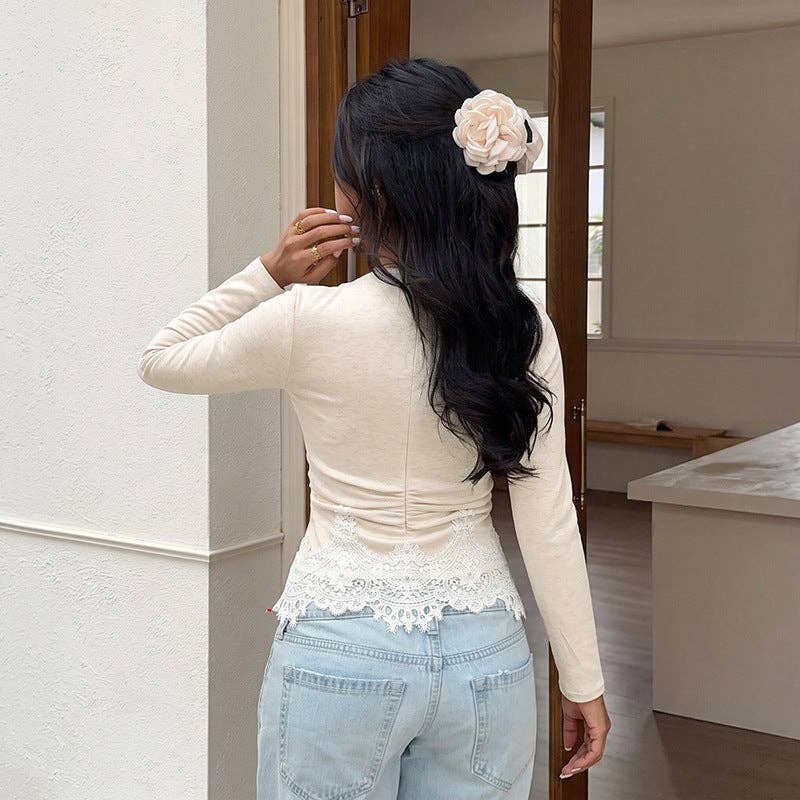 Lace Hem Ruched Long Sleeve Top