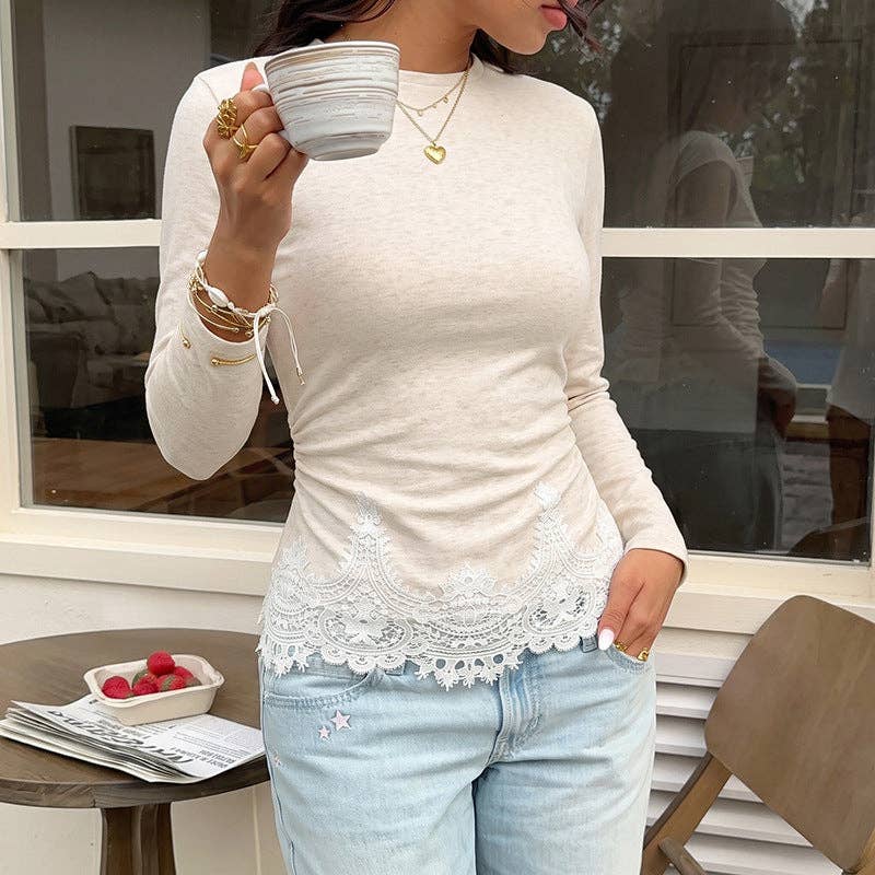 Lace Hem Ruched Long Sleeve Top